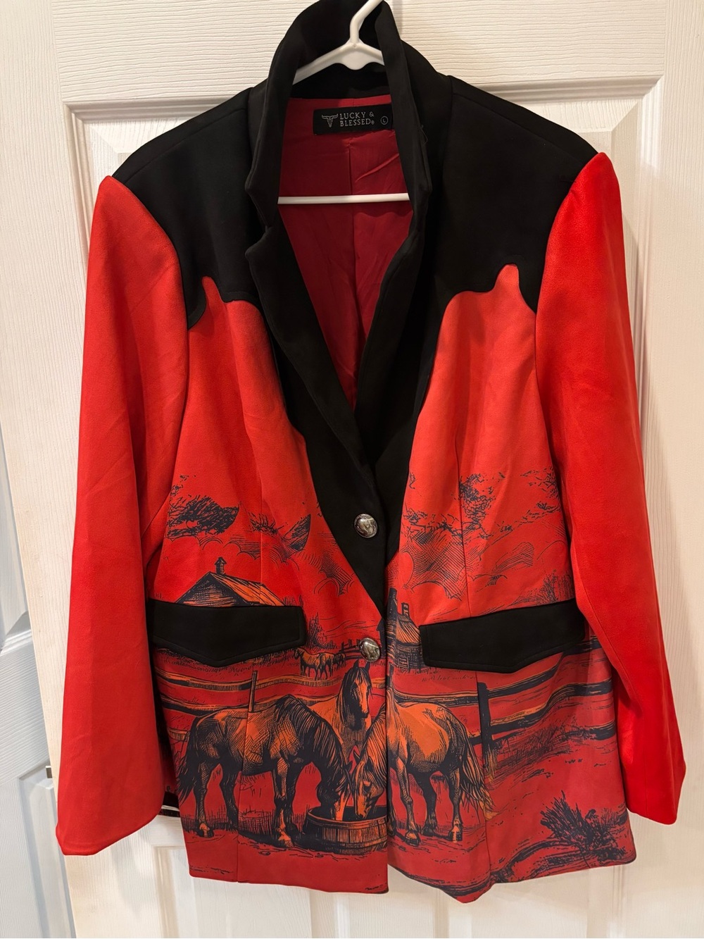 Lucky & Blessed Vintage Printed  Red and Black Western-Print Women's Blazer